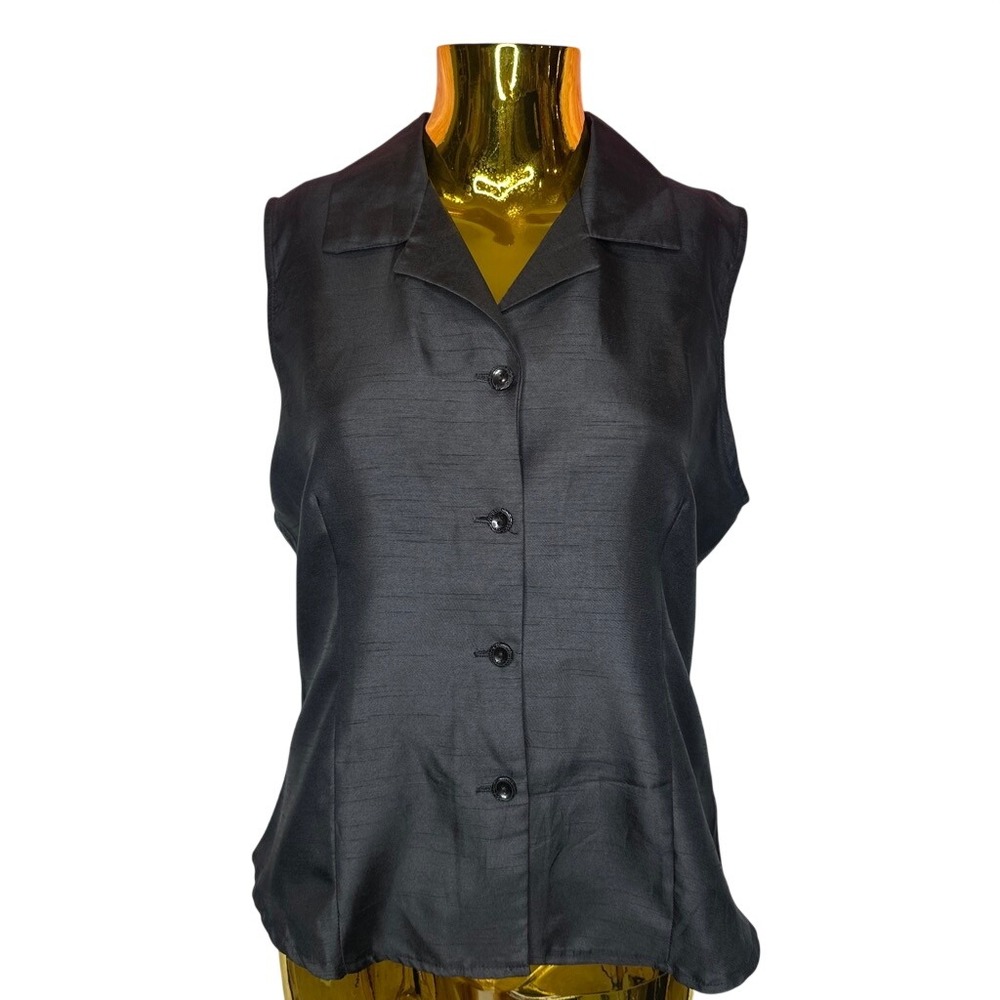 Goth Academia Minimalist Black Sleeveless Button Up Blouse Slub Texture 8 USA